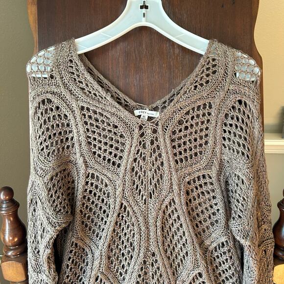 Cozy casual beige crocheted long sleeve tunic top women’s size M/L - Picture 2 of 12